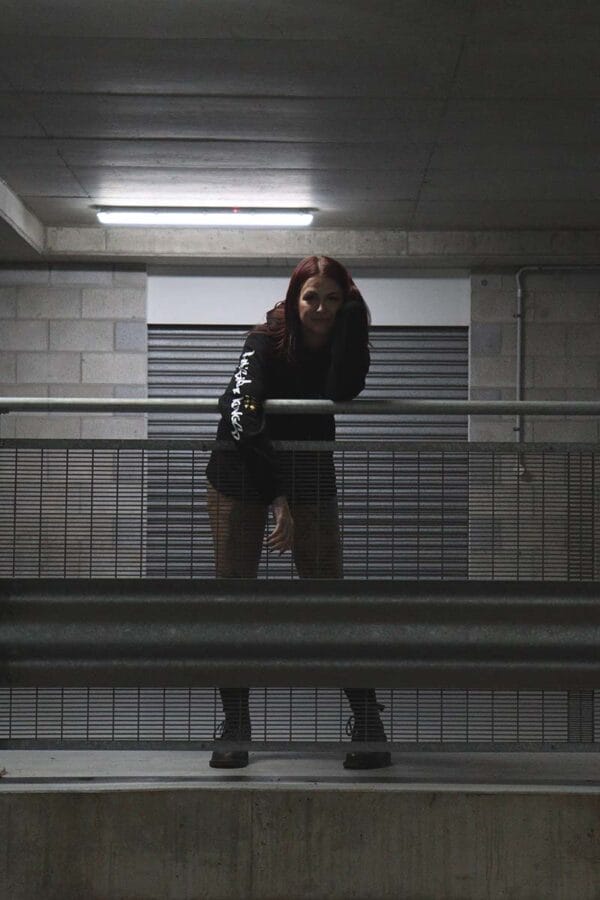 Female wearing a DSK Hoodie