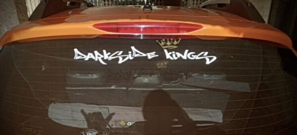 Darkside Kings Sticker on the rear windscreen of a customers vehicle